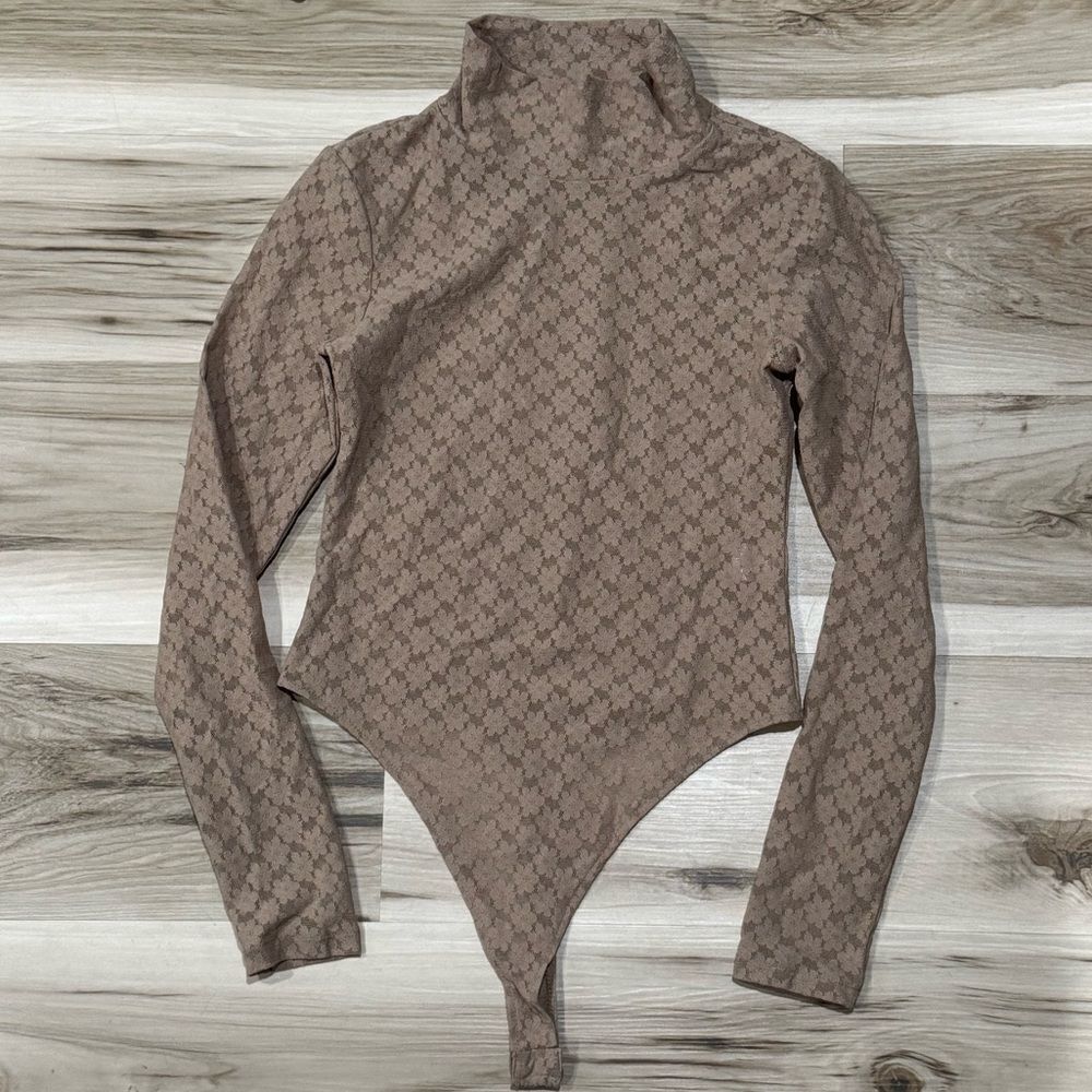 Open Edit Tan Lace Floral One Piece Mock Neck Bodysuit Women's Small